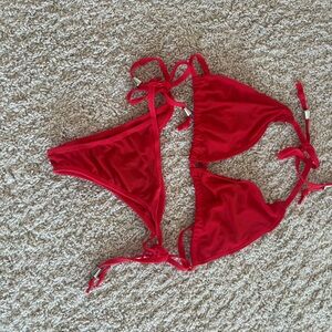 Never worn- Tan through Red Bikini Set; top M, bottom S. No tags (never had)